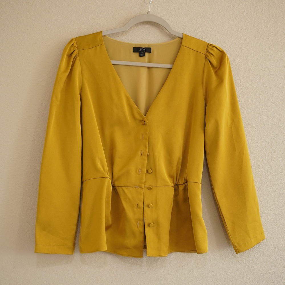 J.Crew 2 Peplum Blouse Womens Mustard Yellow Excellent Puff Sleeve V-Neck Top